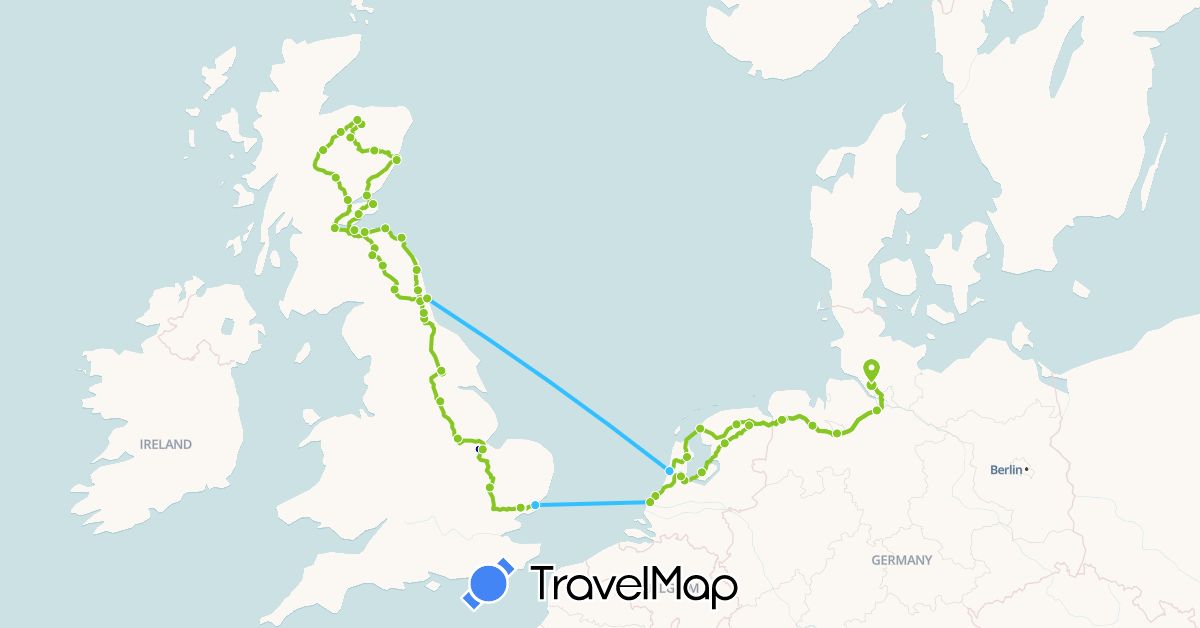 TravelMap itinerary: driving, boat, electric vehicle in Germany, United Kingdom, Netherlands (Europe)
